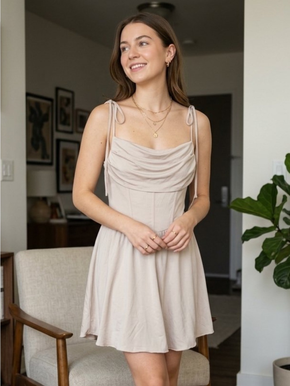 Cider Tie-Shoulder Draped Mini Dress in Beige